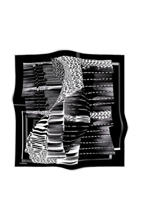 %100 Twill İpek Geometrik Desenli Siyah - Beyaz Renkli 90x90 Eşarp Dikim Şekli : El Dikişi