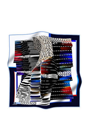 %100 Twill İpek Geometrik Desenli Lacivert - Kırmızı Renkli 90x90 Eşarp Dikim Şekli : El Dikişi