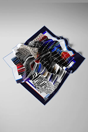 %100 Twill İpek Geometrik Desenli Lacivert - Kırmızı Renkli 90x90 Eşarp Dikim Şekli : El Dikişi