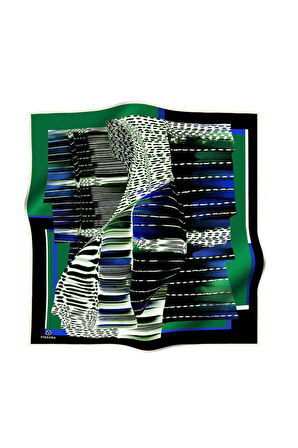 %100 Twill İpek Geometrik Desenli Zümrüt Yeşili - Saks Renkli 90x90 Eşarp Dikim Şekli : El Dikişi