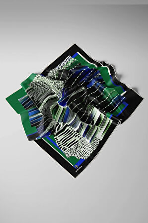 %100 Twill İpek Geometrik Desenli Zümrüt Yeşili - Saks Renkli 90x90 Eşarp Dikim Şekli : El Dikişi