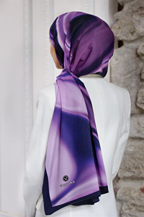 LÜKS MEDİNE İPEĞİ DALGA DESENLİ LİLA - LACİVERT RENKLİ 75X195 KIRIŞMAZ EŞARP MOSS KREP DİKİŞ TİPİ İTALYAN DİKİŞLİ