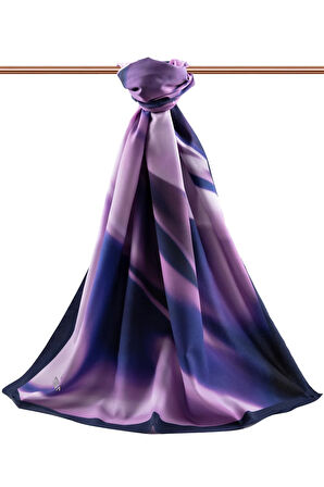 LÜKS MEDİNE İPEĞİ DALGA DESENLİ LİLA - LACİVERT RENKLİ 75X195 KIRIŞMAZ EŞARP MOSS KREP DİKİŞ TİPİ İTALYAN DİKİŞLİ