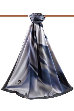 LÜKS MEDİNE İPEĞİ DALGA DESENLİ GRİ - İNDİGO RENKLİ 75X195 KIRIŞMAZ EŞARP MOSS KREP DİKİŞ TİPİ İTALYAN DİKİŞLİ