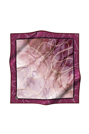 Twill Mermer ve Zincir Desenli Mürdüm Renkli 90x90 Eşarp (İpek İçermez) Kenar Dikiş Şekli El Dikişli