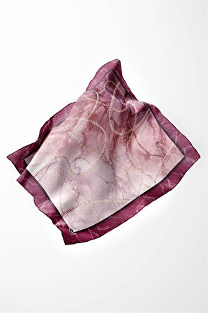 Twill Mermer ve Zincir Desenli Mürdüm Renkli 90x90 Eşarp (İpek İçermez) Kenar Dikiş Şekli El Dikişli