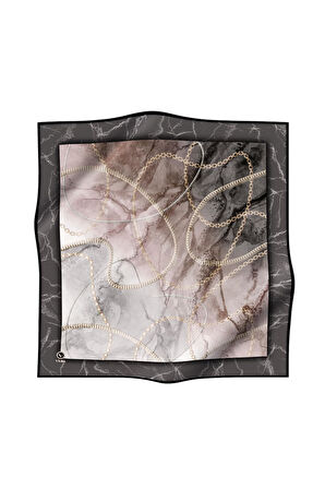 Twill Mermer ve Zincir Desenli Gri Renkli 90x90 Eşarp (İpek İçermez) Kenar Dikiş Şekli El Dikişli