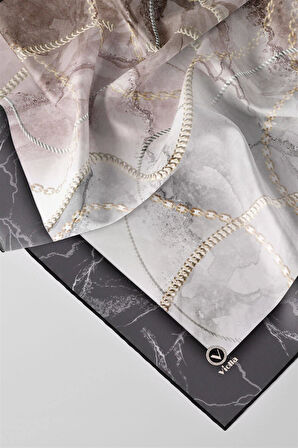 Twill Mermer ve Zincir Desenli Gri Renkli 90x90 Eşarp (İpek İçermez) Kenar Dikiş Şekli El Dikişli