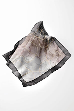 Twill Mermer ve Zincir Desenli Gri Renkli 90x90 Eşarp (İpek İçermez) Kenar Dikiş Şekli El Dikişli