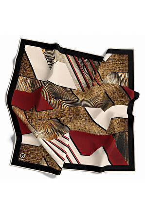 Twill Dalgalı Geometrik Desenli Bordo Renkli 90x90 Eşarp (İpek İçermez) Kenar Dikiş Şekli El Dikişli
