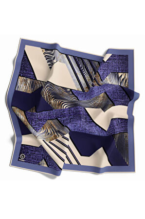 Twill Dalgalı Geometrik Desenli Saks Renkli 90x90 Eşarp (İpek İçermez) Kenar Dikiş Şekli El Dikişli