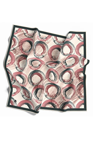 Twill Geometrik Fırça Darbesi Desenli Pudra Renkli 90x90 Eşarp (İpek İçermez) Kenar Dikiş Şekli El Dikişli