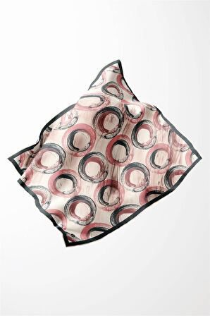 Twill Geometrik Fırça Darbesi Desenli Pudra Renkli 90x90 Eşarp (İpek İçermez) Kenar Dikiş Şekli El Dikişli
