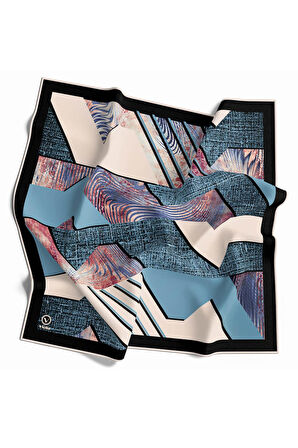 Twill Dalgalı Geometrik Desenli Petrol Mavisi Renkli 90x90 Eşarp (İpek İçermez) Kenar Dikiş Şekli El Dikişli