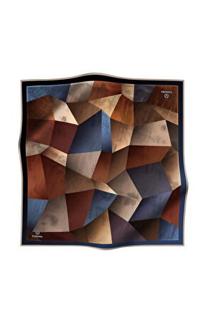 %100 Twill İpek Geometrik Desenli Kiremit - İndigo Renkli 90x90 Eşarp Dikim Şekli : El Dikişi