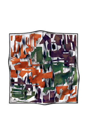 %100 Twill İpek Geometrik Desenli Turuncu - Zümrüt Yeşili Kabuğu Renkli 90x90 Eşarp Dikim Şekli : El Dikişi