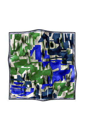 %100 Twill İpek Geometrik Desenli Saks - Benetton Yeşili Renkli 90x90 Eşarp Dikim Şekli : El Dikişi