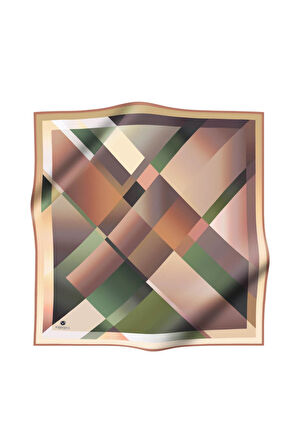 %100 Twill İpek Geometrik Desenli Bej - Haki Renkli 90x90 Eşarp Dikim Şekli : El Dikişi