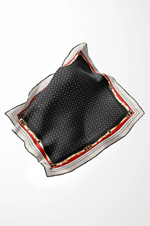 Twill Kemerli ve Çıtır Motifli Desenli Siyah Renkli 90x90 Eşarp (İpek İçermez) Dikim Şekli : El Dikişi