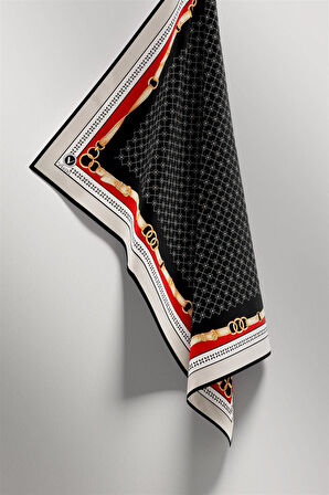 Twill Kemerli ve Çıtır Motifli Desenli Siyah Renkli 90x90 Eşarp (İpek İçermez) Dikim Şekli : El Dikişi