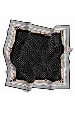 Twill Kemerli ve Çıtır Motifli Desenli Gri Renkli 90x90 Eşarp (İpek İçermez) Dikim Şekli : El Dikişi