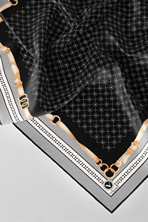 Twill Kemerli ve Çıtır Motifli Desenli Gri Renkli 90x90 Eşarp (İpek İçermez) Dikim Şekli : El Dikişi