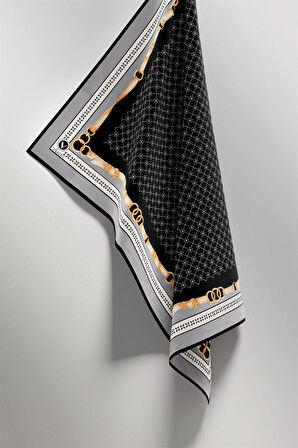 Twill Kemerli ve Çıtır Motifli Desenli Gri Renkli 90x90 Eşarp (İpek İçermez) Dikim Şekli : El Dikişi