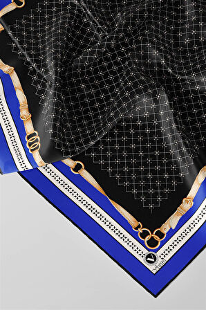 Twill Kemerli ve Çıtır Motifli Desenli Saks Renkli 90x90 Eşarp (İpek İçermez) Dikim Şekli : El Dikişi
