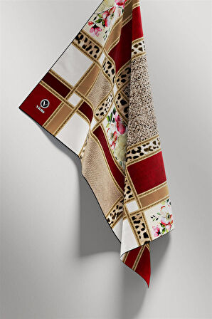 Twill Leopar ve Çiçek Desenli Bordo - Bej Renkli 90x90 Eşarp (İpek İçermez) Dikim Şekli : El Dikişi
