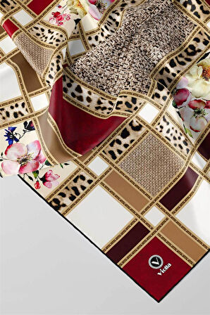 Twill Leopar ve Çiçek Desenli Bordo - Bej Renkli 90x90 Eşarp (İpek İçermez) Dikim Şekli : El Dikişi
