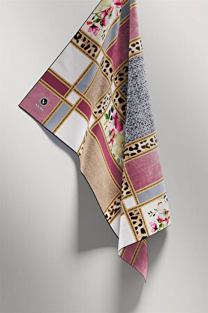 Twill Leopar ve Çiçek Desenli Pudra - Gri Renkli 90x90 Eşarp (İpek İçermez) Dikim Şekli : El Dikişi