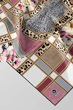 Twill Leopar ve Çiçek Desenli Pudra - Gri Renkli 90x90 Eşarp (İpek İçermez) Dikim Şekli : El Dikişi