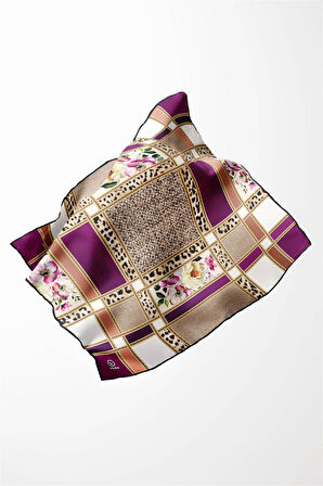 Twill Leopar ve Çiçek Desenli Mürdüm - Bej  Renkli 90x90 Eşarp (İpek İçermez) Dikim Şekli : El Dikişi