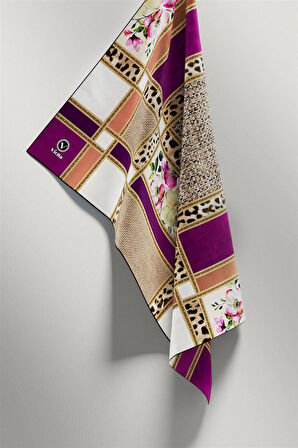 Twill Leopar ve Çiçek Desenli Mürdüm - Bej  Renkli 90x90 Eşarp (İpek İçermez) Dikim Şekli : El Dikişi