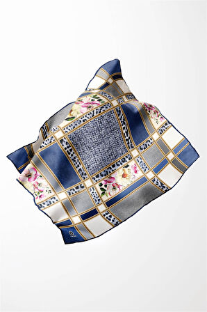 Twill Leopar ve Çiçek Desenli İndigo - Gri Renkli 90x90 Eşarp (İpek İçermez) Dikim Şekli : El Dikişi
