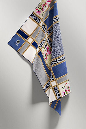 Twill Leopar ve Çiçek Desenli İndigo - Gri Renkli 90x90 Eşarp (İpek İçermez) Dikim Şekli : El Dikişi