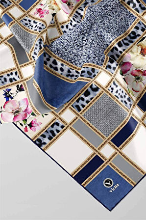 Twill Leopar ve Çiçek Desenli İndigo - Gri Renkli 90x90 Eşarp (İpek İçermez) Dikim Şekli : El Dikişi