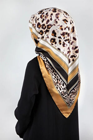 Twill Kemerli ve Leopar Desenli Hardal Renkli 90x90 Eşarp (İpek İçermez) Dikim Şekli : El Dikişi