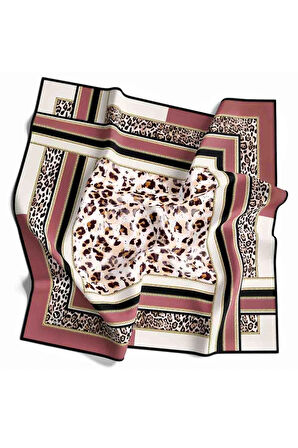 Twill Kemerli ve Leopar Desenli Gül Kurusu Renkli 90x90 Eşarp (İpek İçermez) Dikim Şekli : El Dikişi