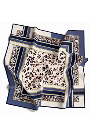 Twill Kemerli ve Leopar Desenli İndigo Renkli 90x90 Eşarp (İpek İçermez) Dikim Şekli : El Dikişi