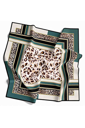 Twill Kemerli ve Leopar Desenli Petrol Yeşili Renkli 90x90 Eşarp (İpek İçermez) Dikim Şekli : El Dikişi