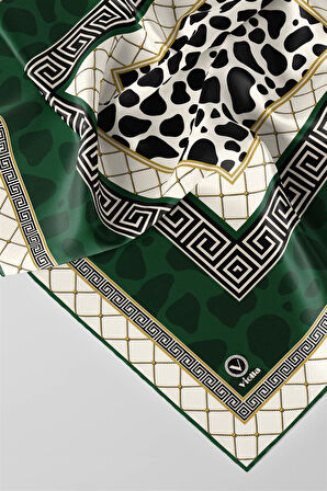 Twill Taş Desenli Zümrüt Yeşili Renkli 90x90 Eşarp (İpek İçermez) Kenar Dikiş Şekli El Dikişli