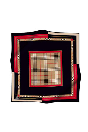 %100 Twill İpek Ekose Desenli Kırmızı Renkli 90x90 Eşarp Dikim Şekli : El Dikişi