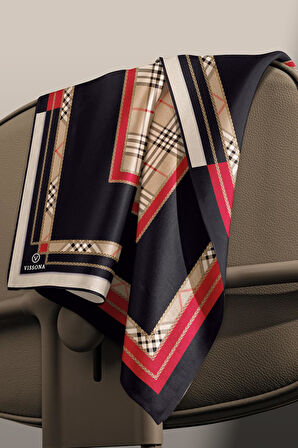 %100 Twill İpek Ekose Desenli Kırmızı Renkli 90x90 Eşarp Dikim Şekli : El Dikişi