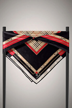 %100 Twill İpek Ekose Desenli Kırmızı Renkli 90x90 Eşarp Dikim Şekli : El Dikişi