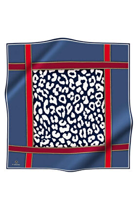 %100 Twill İpek Leopar Desenli İndigo - Kırmızı Renkli 90x90 Eşarp Dikim Şekli : El Dikişi
