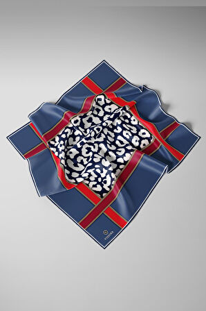 %100 Twill İpek Leopar Desenli İndigo - Kırmızı Renkli 90x90 Eşarp Dikim Şekli : El Dikişi