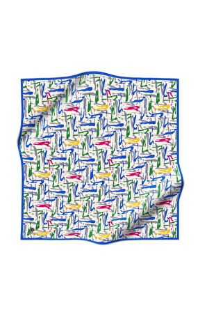 %100 Twill İpek Geometrik Desenli Saks - Zümrüt Yeşili Renkli 90x90 Eşarp Dikim Şekli : El Dikişi