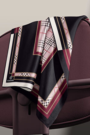 %100 Twill İpek Ekose Desenli Pudra - Şarabi Renkli 90x90 Eşarp Dikim Şekli : El Dikişi