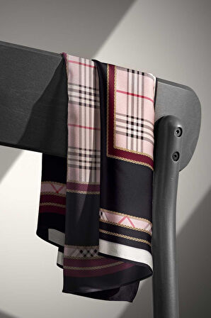 %100 Twill İpek Ekose Desenli Pudra - Şarabi Renkli 90x90 Eşarp Dikim Şekli : El Dikişi